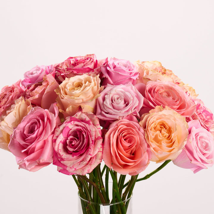 Bouquet of pink and peach roses on a light gray background