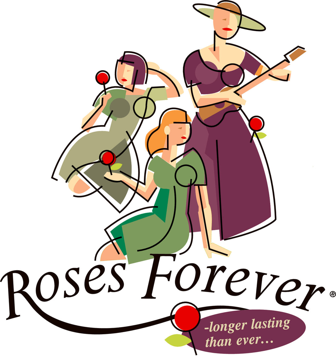 Logo with three women in dresses holding roses, labeled 'Roses Forever'.