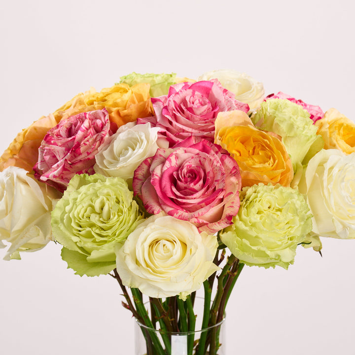 Bouquet of colorful roses in a clear vase on a light background